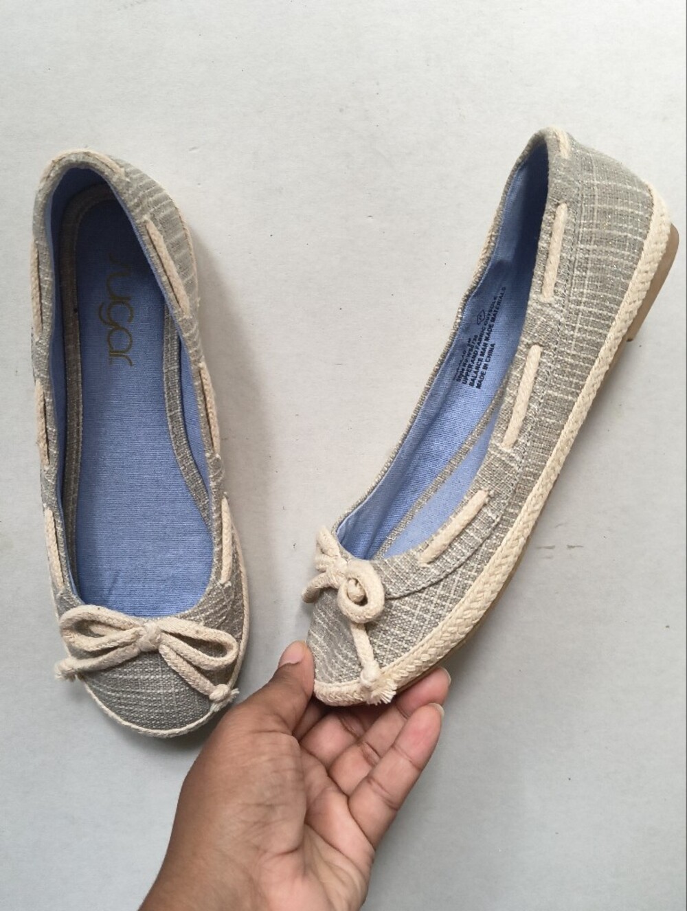 Sugar Grey Canvas Espadrille Slip On Bow Flats Blue Lining Size usa 6